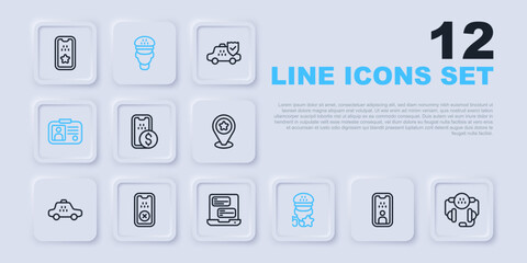Set line Taxi driver license, call telephone service, Mobile banking, rating, mobile app, and icon. Vector