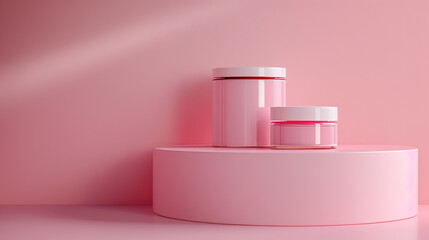 Two containers of pink makeup are displayed on a pink pedestal