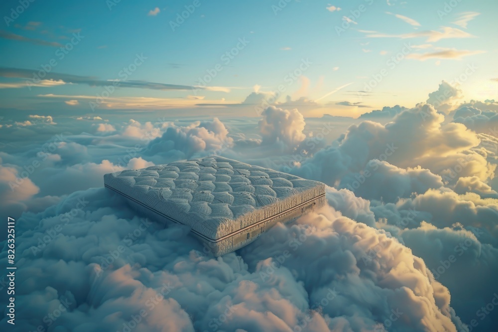 Poster a mattress floating in the sky, ideal for dreamy concepts