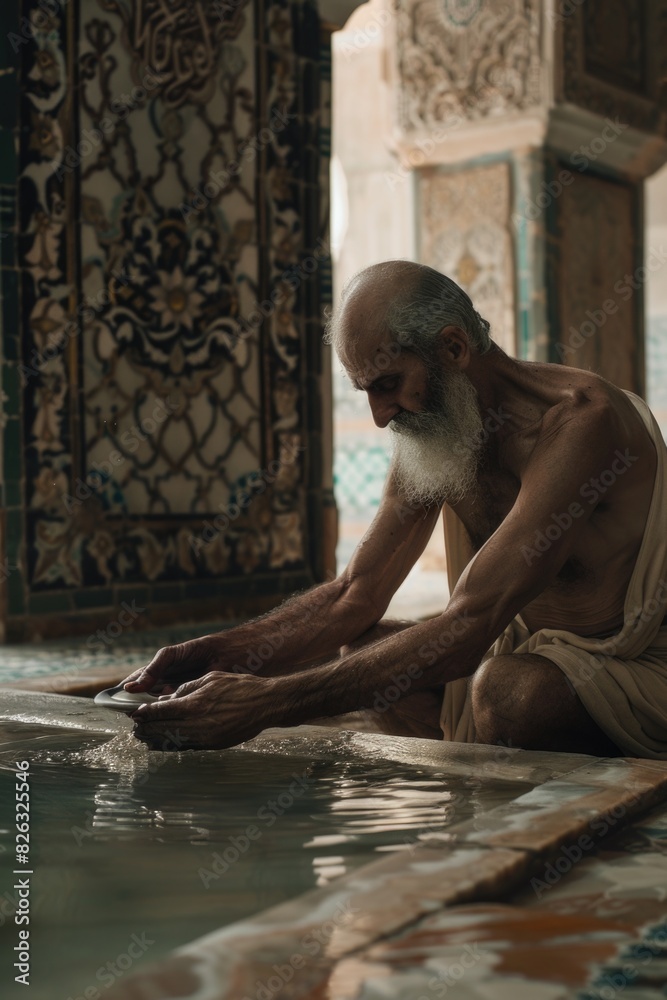 Poster a man with a white beard relaxing in a pool, suitable for lifestyle and relaxation concepts