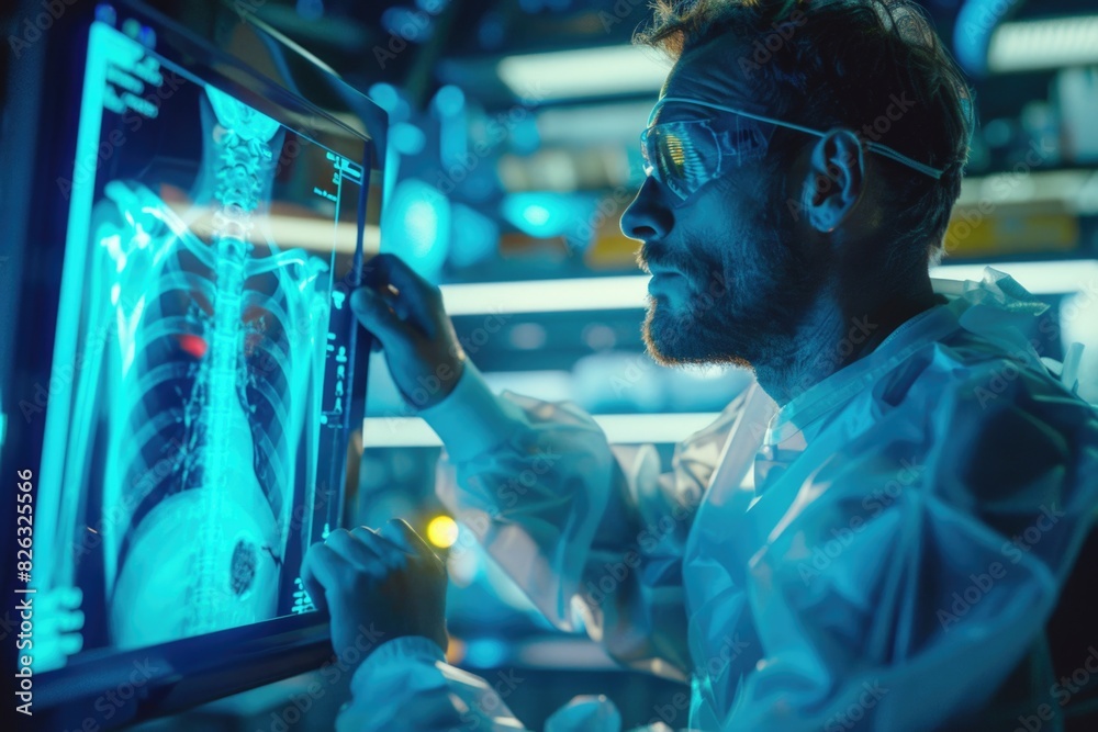Aufkleber A man in a lab coat examining information on a computer screen. Ideal for scientific research and technology concepts