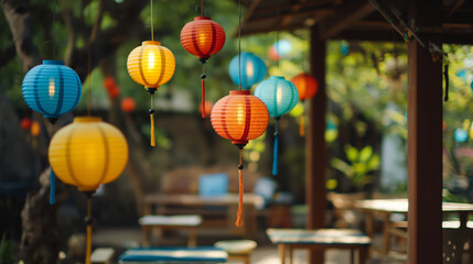 Fototapeta premium Stunning display of hanging colorful paper lanterns against a bokeh background
