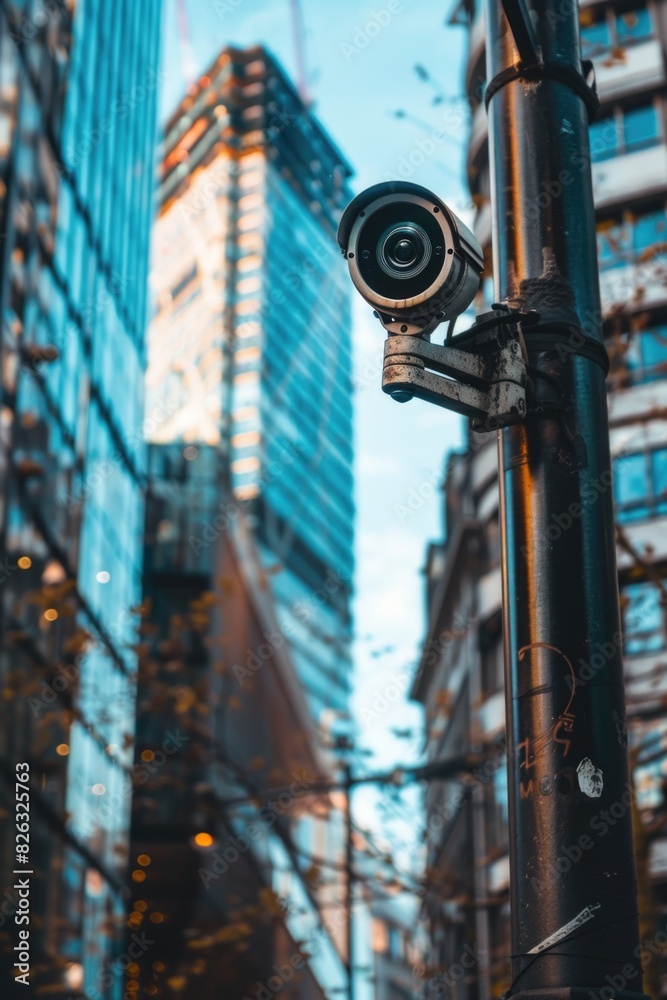 Poster A camera mounted on a pole, capturing the view of a tall building. Suitable for surveillance or security concepts