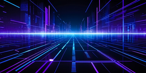 Futuristic background and digital grid pattern with neon blue and purple on a dark background