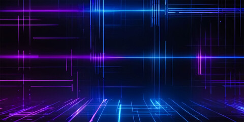 Futuristic background and digital grid pattern with neon blue and purple on a dark background