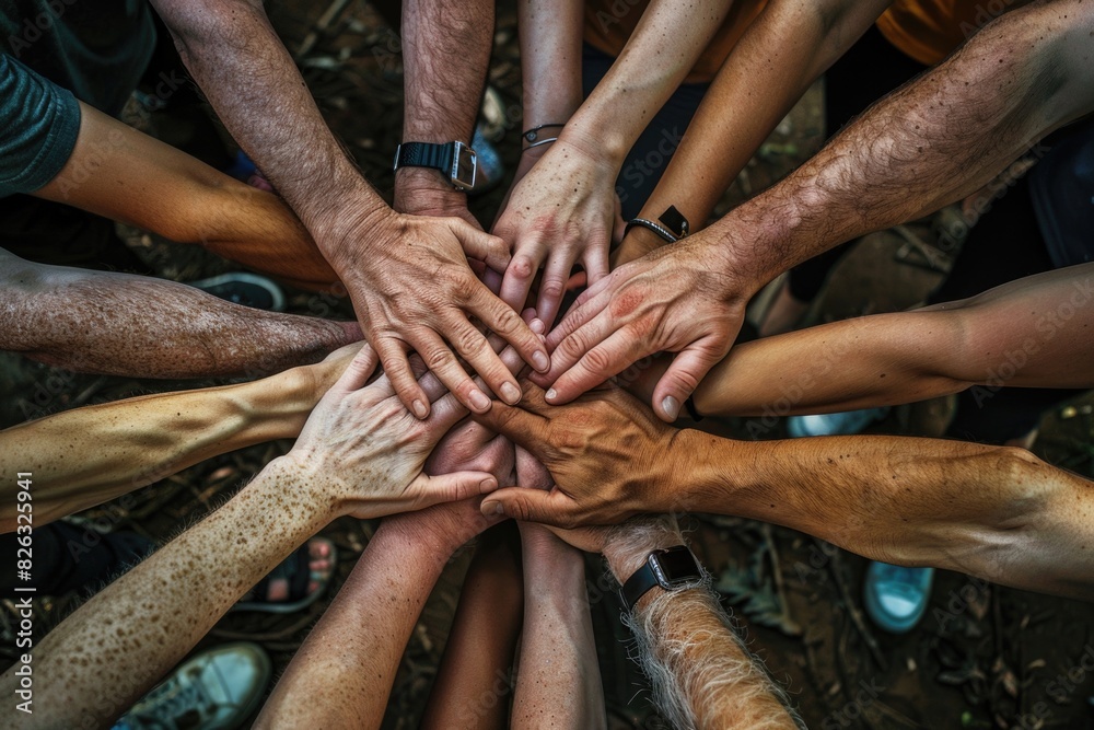 Poster a group of people putting their hands together. suitable for business and teamwork concepts