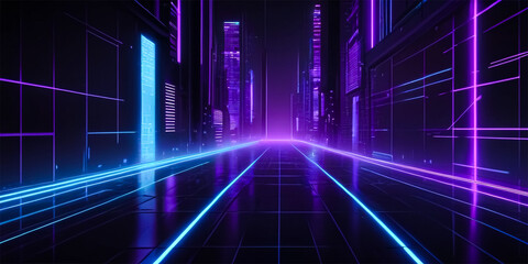 Futuristic background and digital grid pattern with neon blue and purple on a dark background