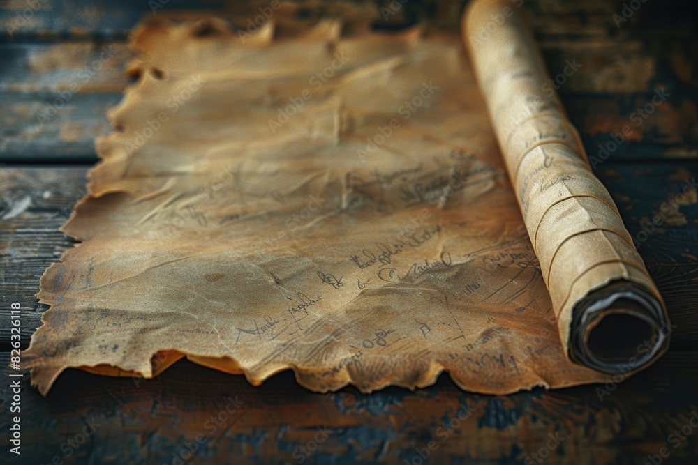 Poster a rolled up piece of leather on a rustic wooden table. perfect for rustic and vintage-themed project