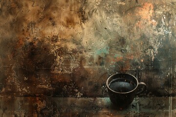 Rustic still life photography with a black cup on a textured, distressed backdrop