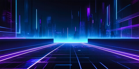 Futuristic background and digital grid pattern with neon blue and purple on a dark background