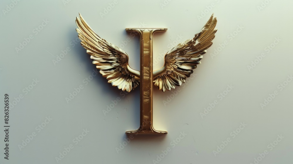 Poster a golden letter with wings on a white surface. suitable for various design projects