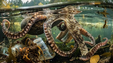 Obraz premium An image of an underwater world with octopuses and various marine creatures swimming and resting on the ocean floor