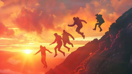 silhouette of a persons jumping on the top of mountain in the sunset