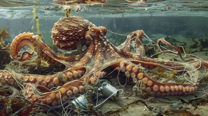 Obraz premium Octopus in ocean with seaweed at bottom