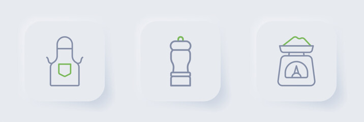 Set line Scales, Pepper and Kitchen apron icon. Vector