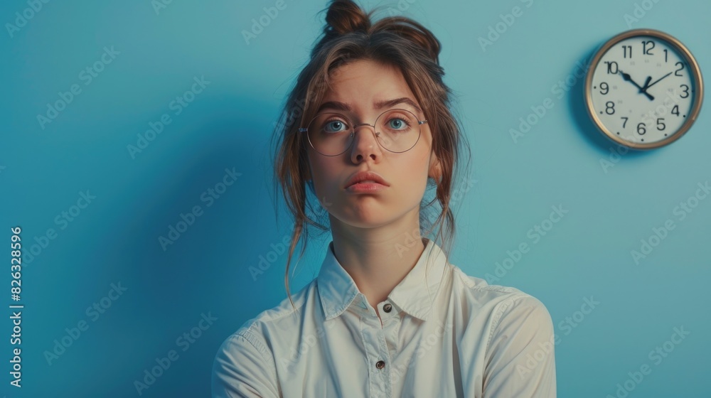 Poster a woman with glasses standing in front of a clock. suitable for illustrating time management concept