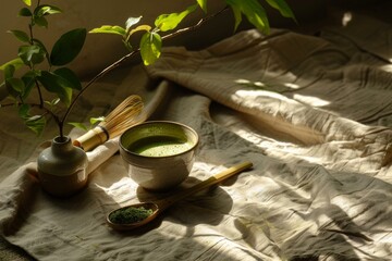 Tranquil scene of matcha tea beside a bamboo whisk on a rustic linen backdrop