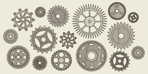 Vintage gear. Sketch style isolated elements, hand wheel, old factory machine cogwheel, drawn mechanism industry retro, gearwheel plant technology, education symbol. Vector mechanical work, icons set