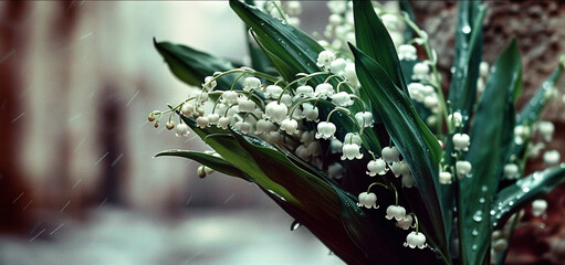   A zoom-in of a flower arrangement with water droplets on its petals and a building in the backdrop