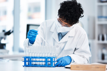 Scientist, lab or test tube for analysis or development, pharmaceutical or biotechnology. Female...