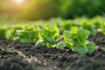 Organic Lettuce Growing in a Sunlit Garden Field Ideal for Agricultural Concepts and Eco-Friendly Projects