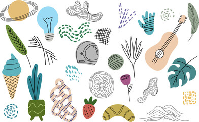 Abstract hand drawn shape designs. Simple color silhouettes and forms for background.