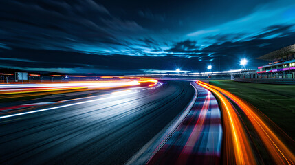 Race track at night. Headlights from passing cars with long exposure effect. Red and white tops and markings
