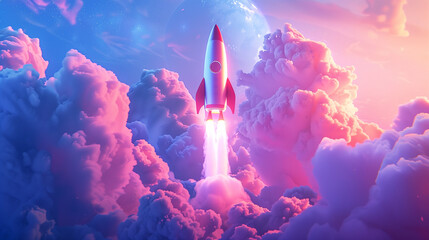 Futuristic illustration of a rocket ascending into space amidst billowing smoke, embodying the pioneering spirit and boundless potential of a forward-thinking startup business.