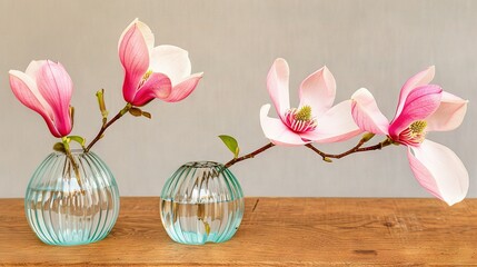   Two vases with flowers on a wooden table against a white wall