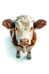 The photo shows a close-up of a brown and white Simmental cow looking directly at the camera with a white background.