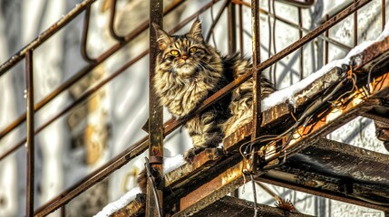   Cat on rusty railing near snow-covered building with clock in backdrop