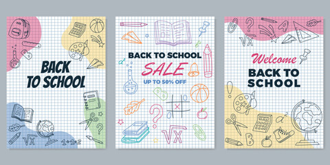 Back to school greeting vector poster set design. Handwritten school subjects in doodle style. Back to school sale banners. Checkered paper on backdrop. Layout for discount labels, flyers  