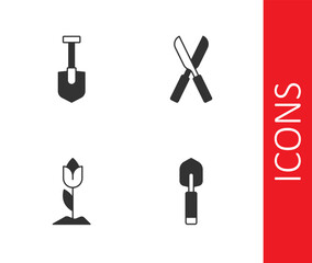Set Garden trowel spade or shovel, Shovel, Flower tulip and Gardening scissors icon. Vector