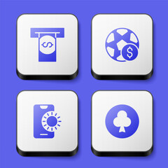 Set Automated teller machine and money, Football betting, Online sports and Playing card with clubs symbol icon. White square button. Vector