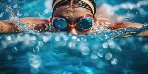 Close up female athlete swimmer competing. 