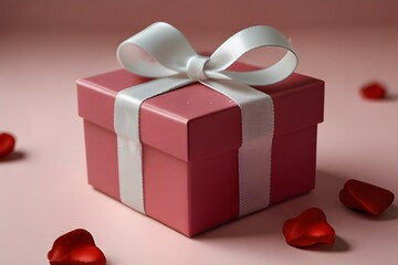 A pink gift box with a white ribbon surrounded by red roses and scattered heart shapes on a pink background