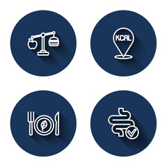 Set line Calorie calculator, Kcal, Vegan food diet and Intestines with long shadow. Blue circle button. Vector