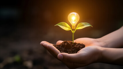 Eco-Friendly Innovation: Light Bulb in Leaves Representing Sustainability, Industry, and Technology