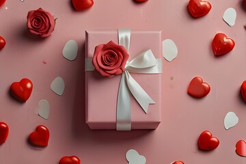 A pink gift box with a white ribbon surrounded by red roses and scattered heart shapes on a pink background