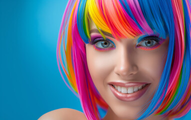 Fototapeta premium Smiling woman with rainbow hair, vibrant makeup
