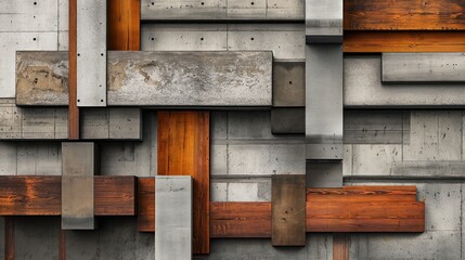 Grunge abstract background with grey concrete tiles and wooden timber. Generative AI