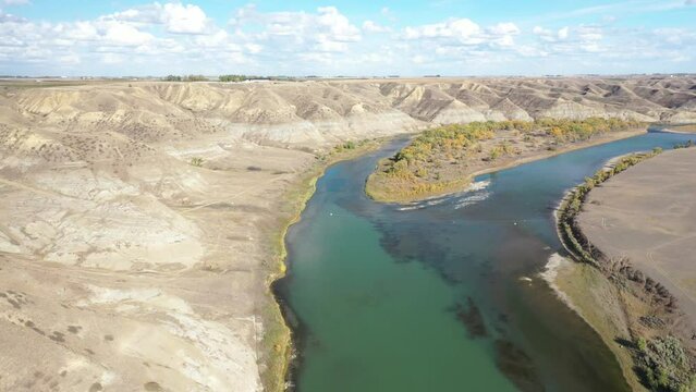 Aerial shot of the Oldman River near Lethbridge, Alberta.