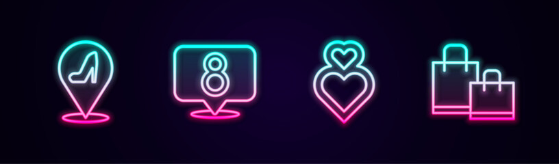 Set line Woman shoe, 8 March, Heart and Paper shopping bag. Glowing neon icon. Vector