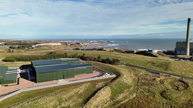 Drone shot of Peterhead Power Station with the sea in the background.