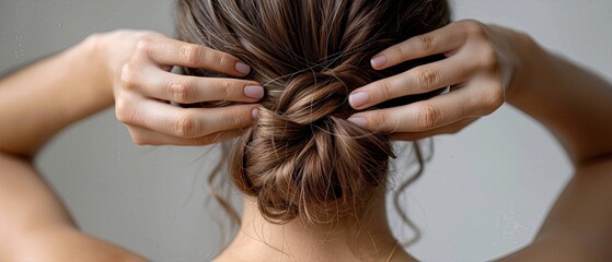 Fototapeta premium Woman styling her hair in a bun, showcasing a simple and elegant hairstyle suitable for various occasions.