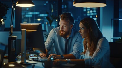 Fototapeta premium An exuberant businessman uses his desktop computer, his female project manager explains specific tasks, accounts, and strategies late at night in an office. Professional people argue and debate late