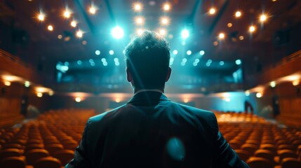 Successful Motivational Speaker Discussing Happiness, Success and Becoming a More Productive Self in an Event Hall. Businessman Presenting a New Product. Cinematographic Light.