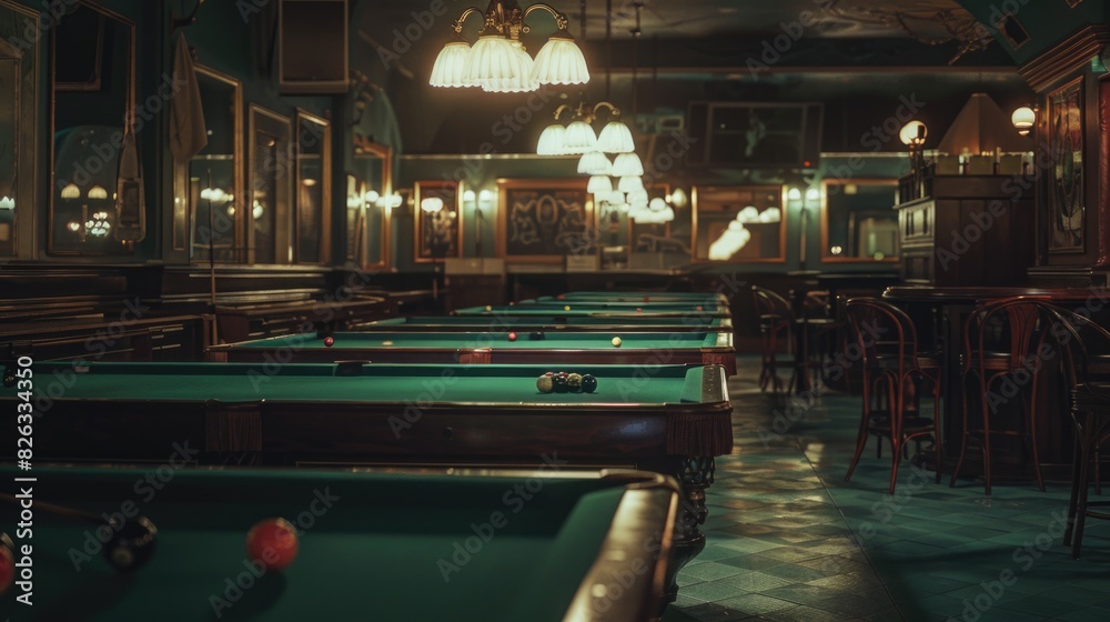 Poster a row of pool tables in a room. ideal for sports or entertainment concepts