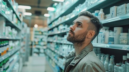 Portrait of handsome Latin man looking through the shelf of a pharmacy, successfully finding what he needs. Modern Pharma Store Health Care Products.