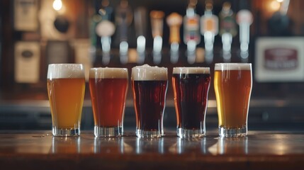 A set of English pint beer glasses on bar